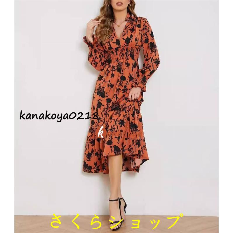 ワンピース 花柄 レディース 新作 Vネック 長袖 ロングワンピース ロング ワンピ プリント プルオーバー ゆったり デザイン感 春 秋 冬 ハイウエスト 体型カバー