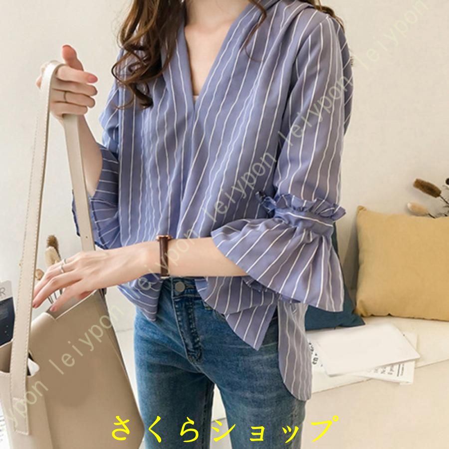 レディース トップス ストライプ シャツ ブラウス フレア袖 5分袖 ベルスリーブ スキッパーシャツ ノーカラー オフィス 通勤 大きいサイズ M4XL Vネック