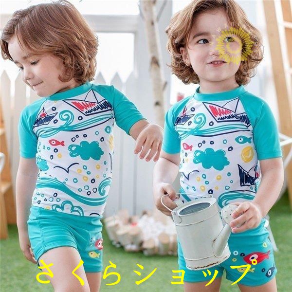 水着 セパレート キッズ 3点セット 男の子 ラッシュガード 上下セット スイムキャップ 半袖 ハーフパンツ 帽子付 uvカット 子供